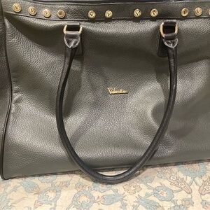 Valentino Dark Gray Leather Tote with Gold Accents